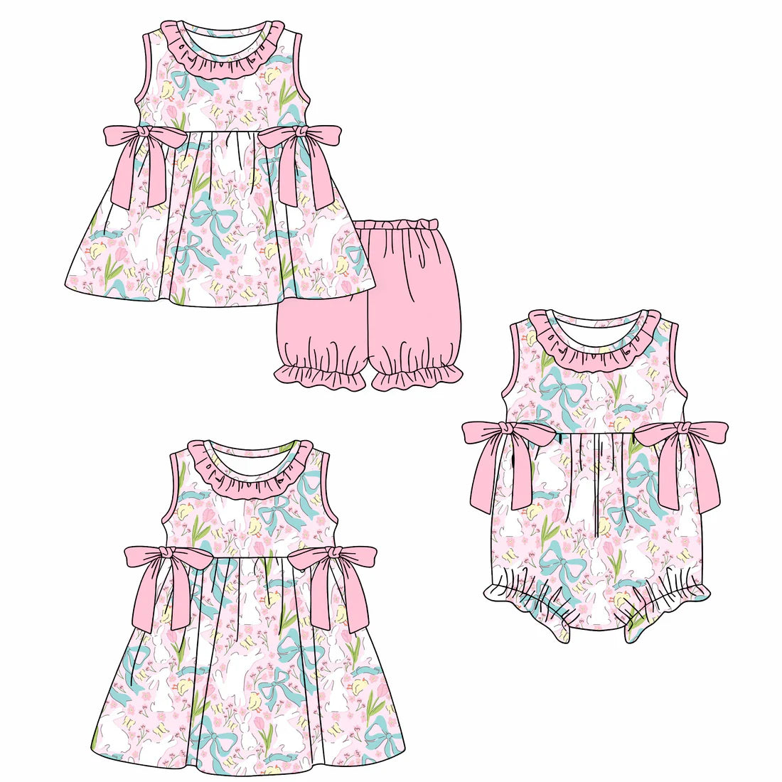 ( Moq 5 Each Style ) Baby Girls Kids Rabbits Flower Bows Sibling Easter Pink Romper Dress Set
