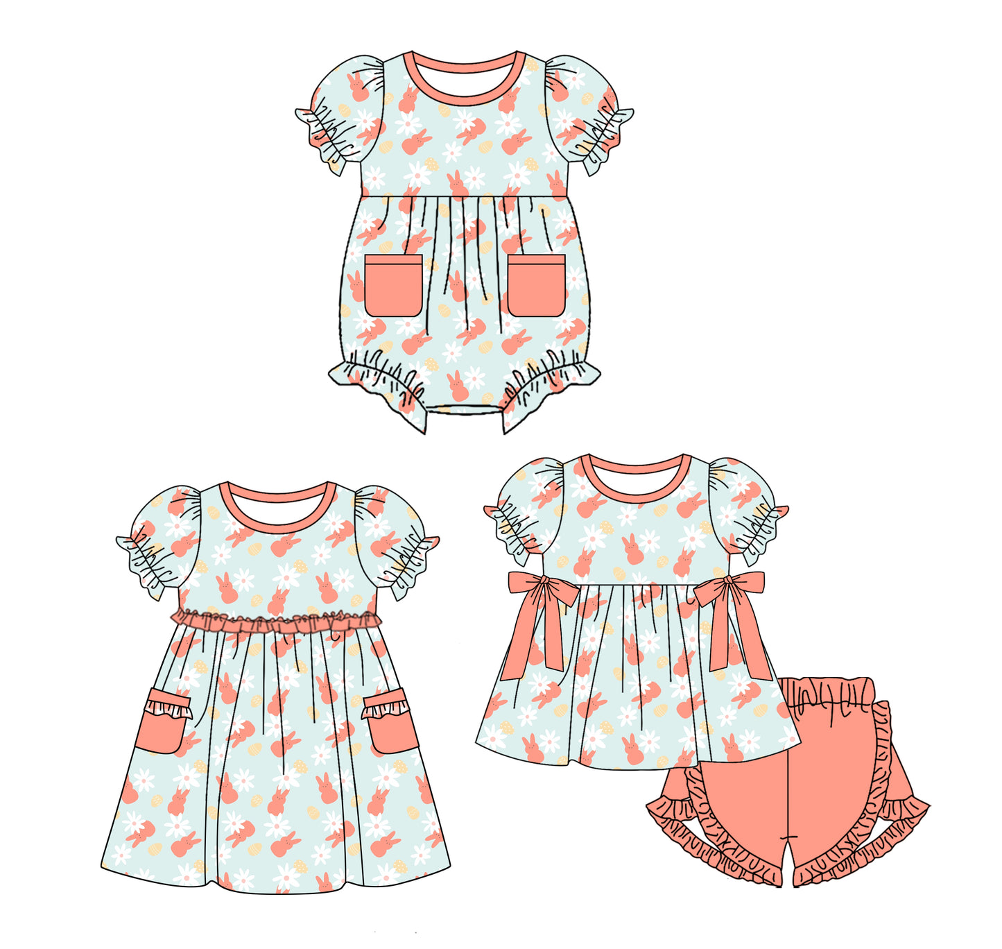 Baby Girl Short Sleeves Easter Rabbits Flower Sibling Romper Clothes Set ( Moq 5 Each Design )11.21