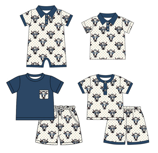 ( Moq 5 Each Style ) Baby Boy Short Sleeves Western Cow Sibling Summer Romper Shirt Set 4.24