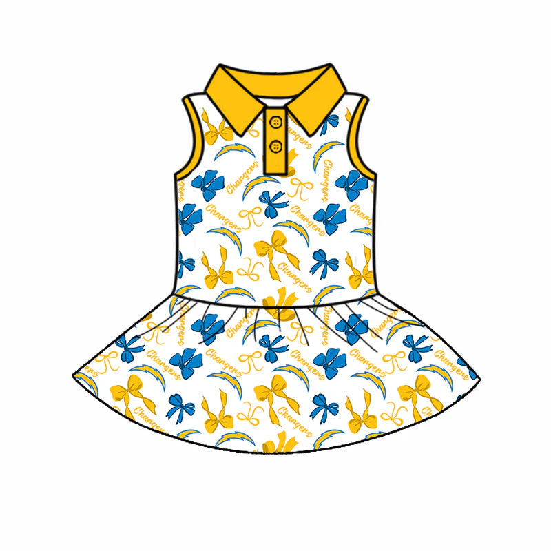 ( Moq 5 each style ) Baby Girl Toddler Team Yellow Blue Bows Sibling Skort Dress Set 6.4