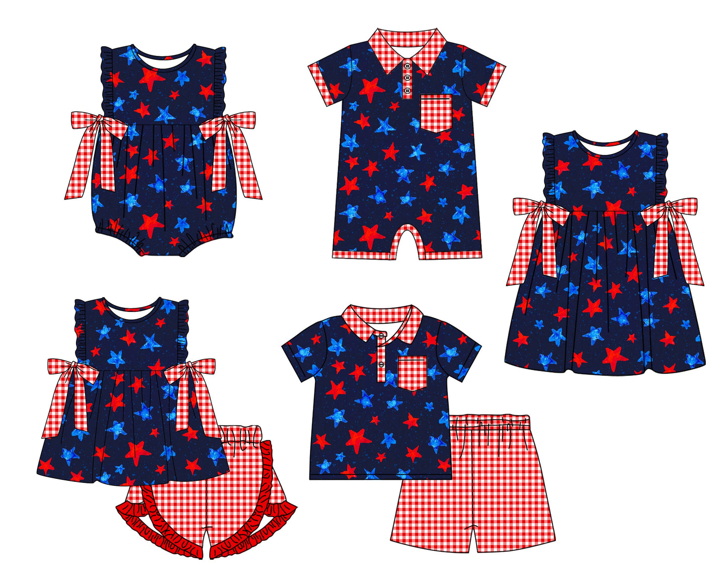 Baby Boy Girl July 4th Stars Sibling Romper Dress Set ( Moq 5 Each Style ) 2.11