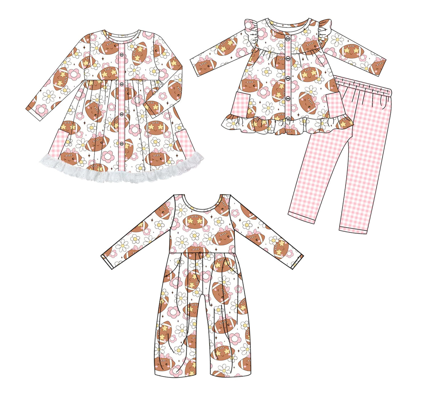 ( Moq 5 Each Style ) Baby Girl Toddler Football Flower Sibling Jumpsuit Dress Set
