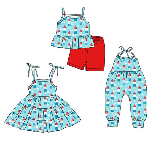 ( Moq 5 Each Style ) Baby Girls Kids Popsicles Stars Sibling 4th of July Dress Set Jumpsuit