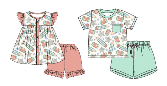 ( Moq 5 Each Style ) Baby Boy Girl Short Sleeves Back To School Pencil Sibling Set 3.29