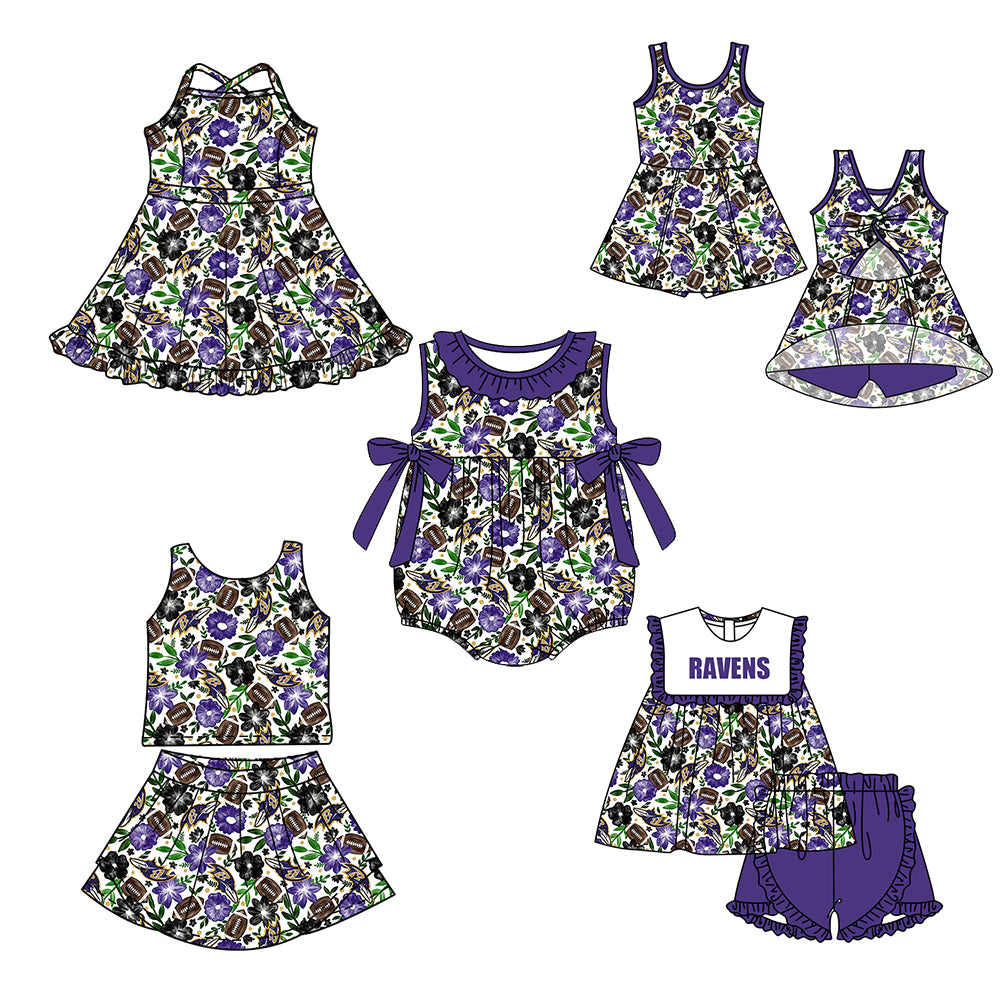 ( Moq 5 Each Style ) Baby Girls Kids Sleeveless Football Flower Purple Bows Sibling Romper Dresses Sets