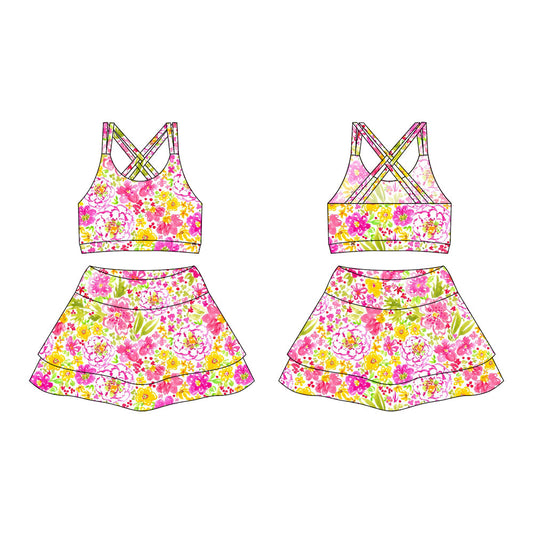 ( moq 10 ) Baby Girl Straps Flower Activity Wear Vests Tops Shorts Skirts Yoga Set