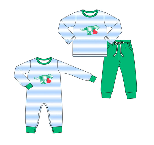 ( Moq 5 Each Style ) Baby Boys Toddler Stripes Dinosaurs Sibling Valentine Romper Set