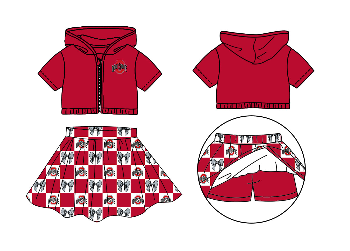 ( Moq 5 Each Style ) Baby Girls Short Sleeves Red Hoodie Zipper Tops Bows Plaid Shorts Skirt Team Set