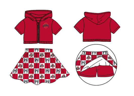 ( Moq 5 Each Style ) Baby Girls Short Sleeves Red Hoodie Zipper Tops Bows Plaid Shorts Skirt Team Set