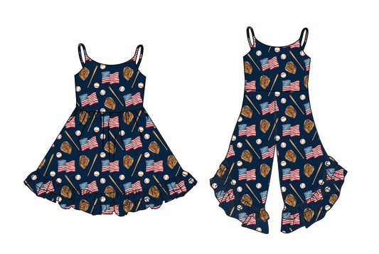 Baby Girl Baseball Flags Straps Sibling Jumpsuit Dress ( Moq 5 Each Style ) 2.24
