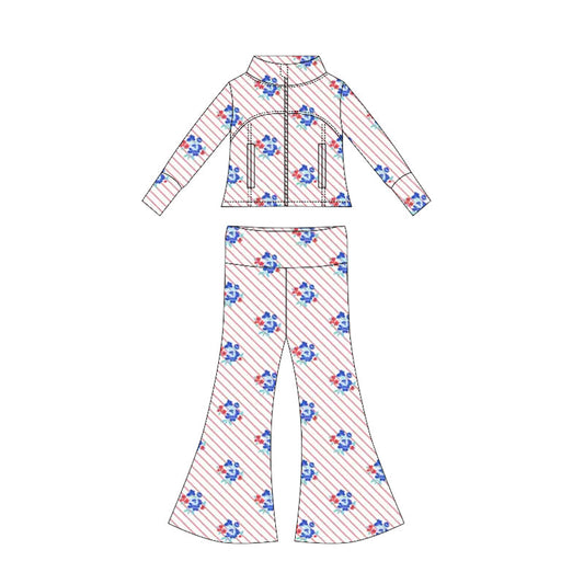( Moq 10 ) Baby Girl Long Sleeves Flower Pockets Zipper Tops Bell Bottom Pants Set