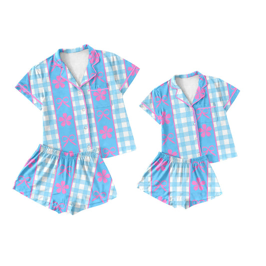 Baby Girl Adult Women Short Sleeves Bows Flower Checked Sibling Pajamas Set ( Moq 5 Each Style ) 3.21