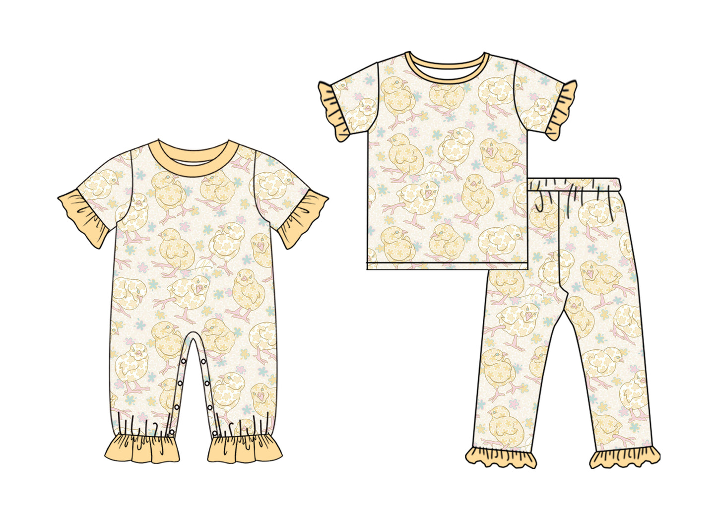 ( Moq 5 Each Style ) Girls Toddler Short Sleeves Chicks Flower Easter Sibling Romper Set
