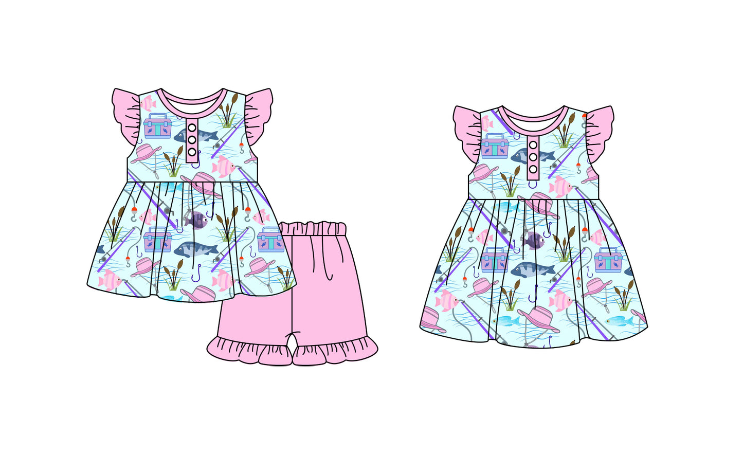 Baby Girl Short Sleeves Fishing Sibling Dress Clothes Set ( Moq 5 Each Design )11.23