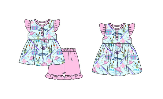 Baby Girl Short Sleeves Fishing Sibling Dress Clothes Set ( Moq 5 Each Design )11.23