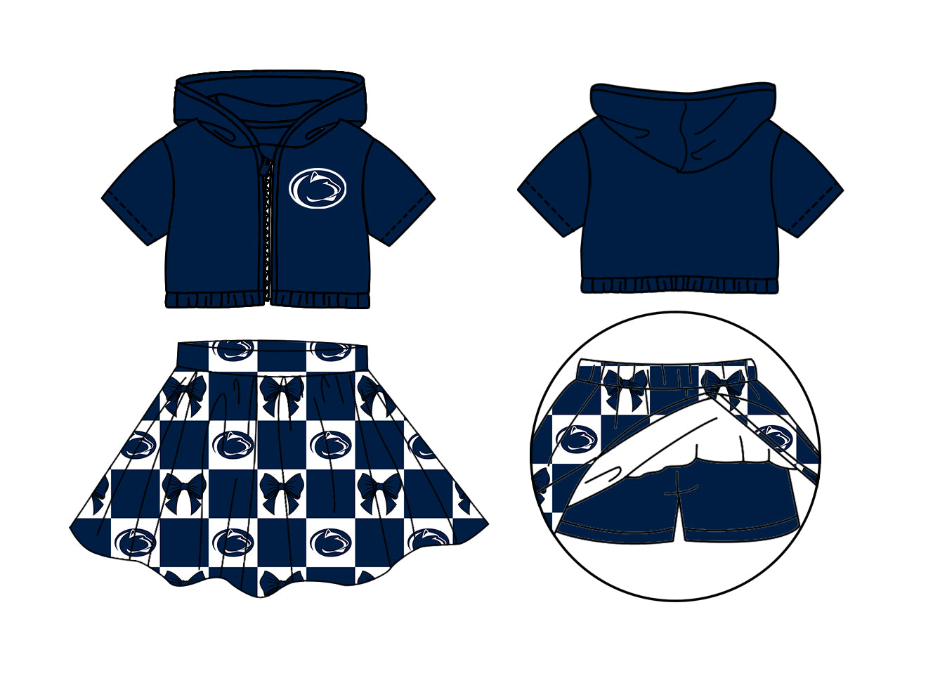 ( Moq 5 Each Style ) Baby Girls Short Sleeves Navy Hoodie Zipper Tops Leopard Bows Plaid Shorts Skirt Team Set