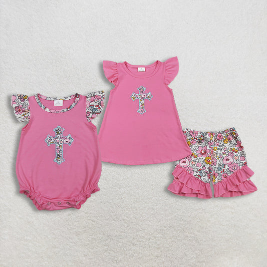 Sibling Baby Girls Kids Short Sleeves Embroidery Cross Flower Shorts Easter Set Romper RTS
