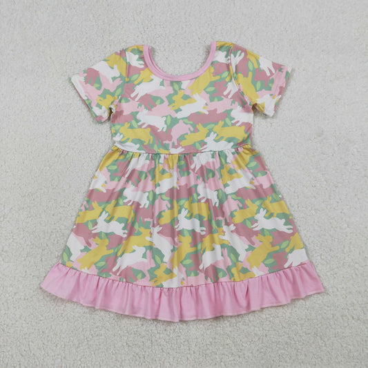 Baby Girls Short Sleeves Rabbits Camo Easter Knee Length Dress RTS