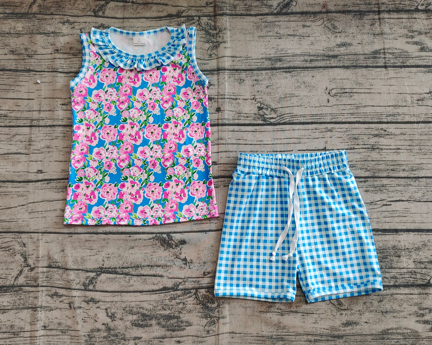 Baby Girl Sleeveless Flower Tops Blue Plaid Shorts Set RTS