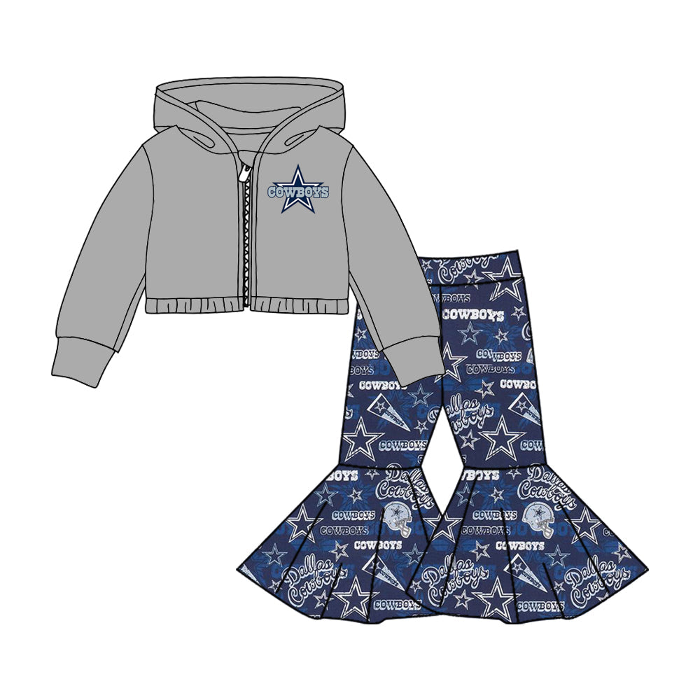 Baby Girl Grey Long Sleeves Team Cowboys Hoodie Tops Bell Pants Clothing Set Moq 5
