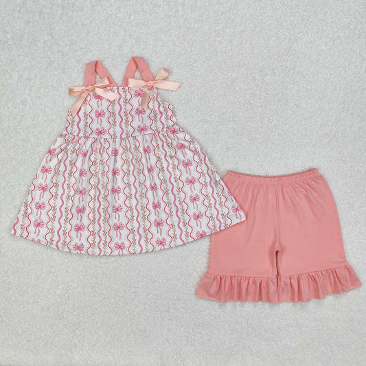Baby Girl Straps Flower Bows Tunic Cotton Ruffle Pink Shorts Set RTS