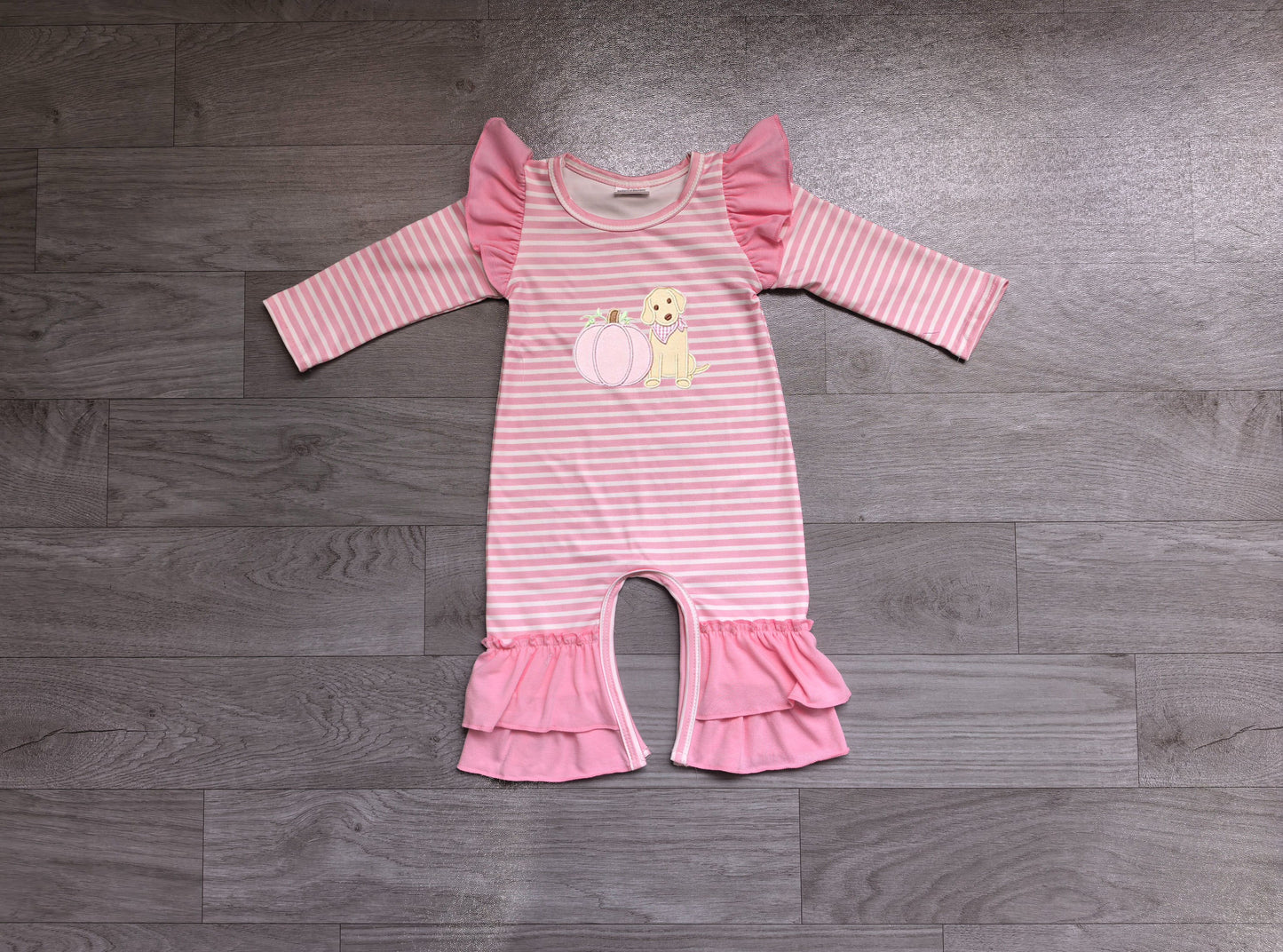( No moq ) Preorder Baby Girl Kids Embroidery Pumpkins Dog Pink Stripes Fall Romper Clothes