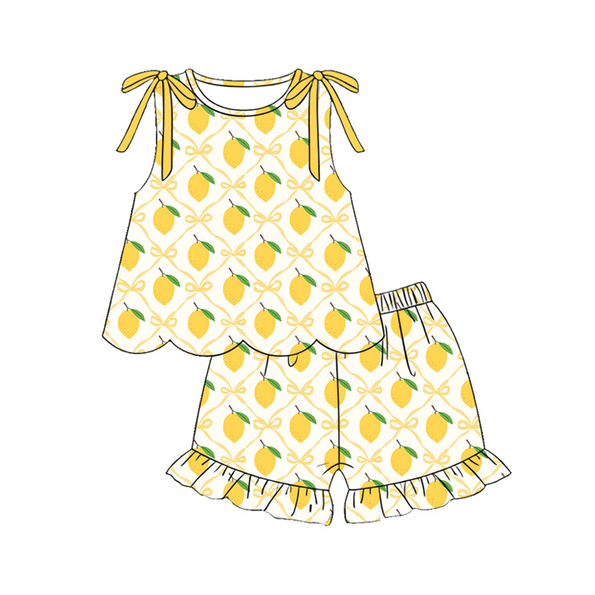 ( Moq 5 ) Preorder Baby Girls Kids Sleeveless Yellow Bows Lemons Scallop Tops Shorts Set Summer Clothes