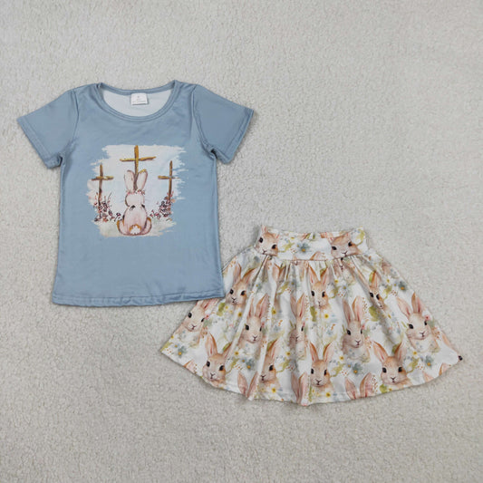 Baby Girls Short Sleeves Cross Short Rabbits Flowers Skirt Shorts Easter Set RTS