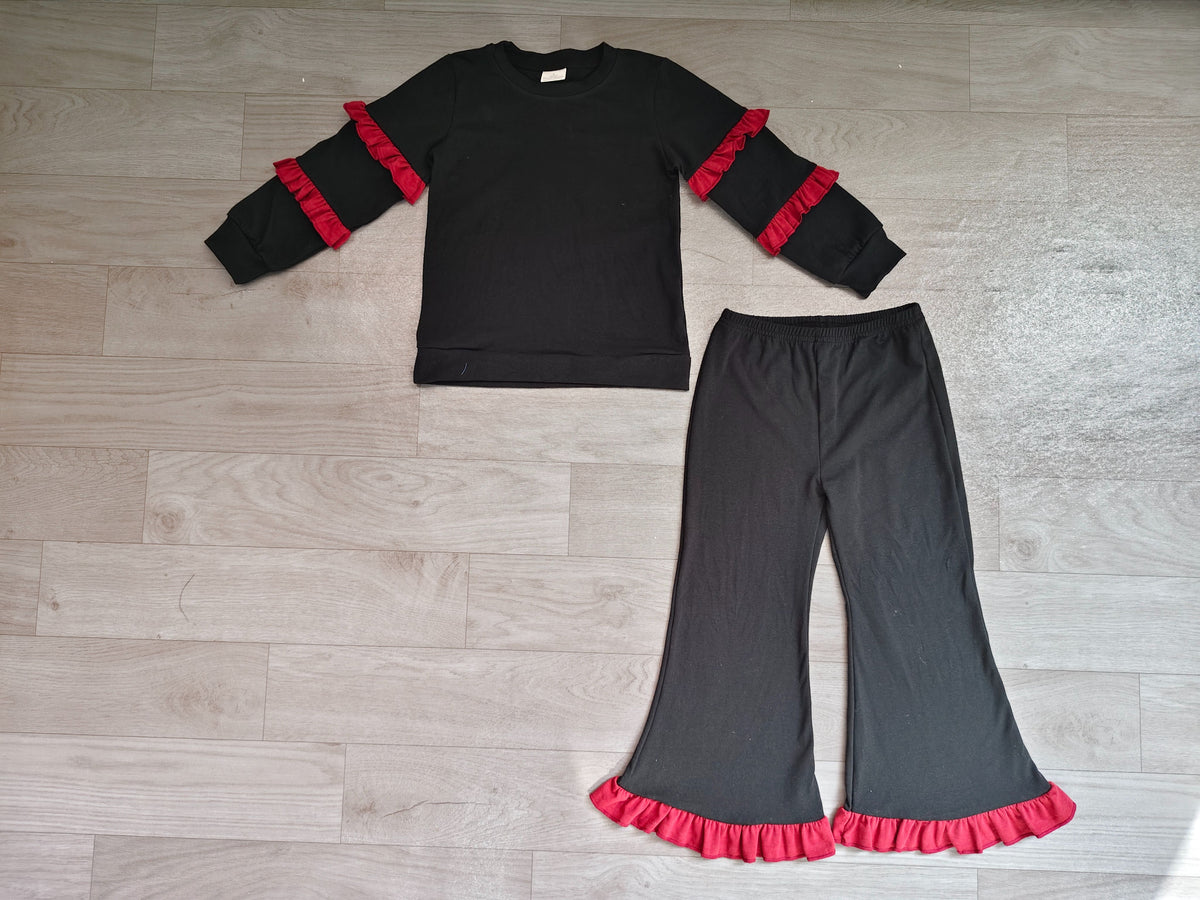 ( No moq ) Preorder Baby Girls Kids Red Ruffle Long Sleeves Shirt Pockets Pants Cotton Set Black Clothes