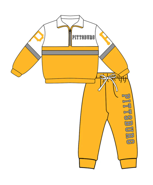 ( Moq 5 ) Baby Boys Toddler Long Sleeves Zipper Yellow Pullover Shirt Jogger Pants Team Outfit