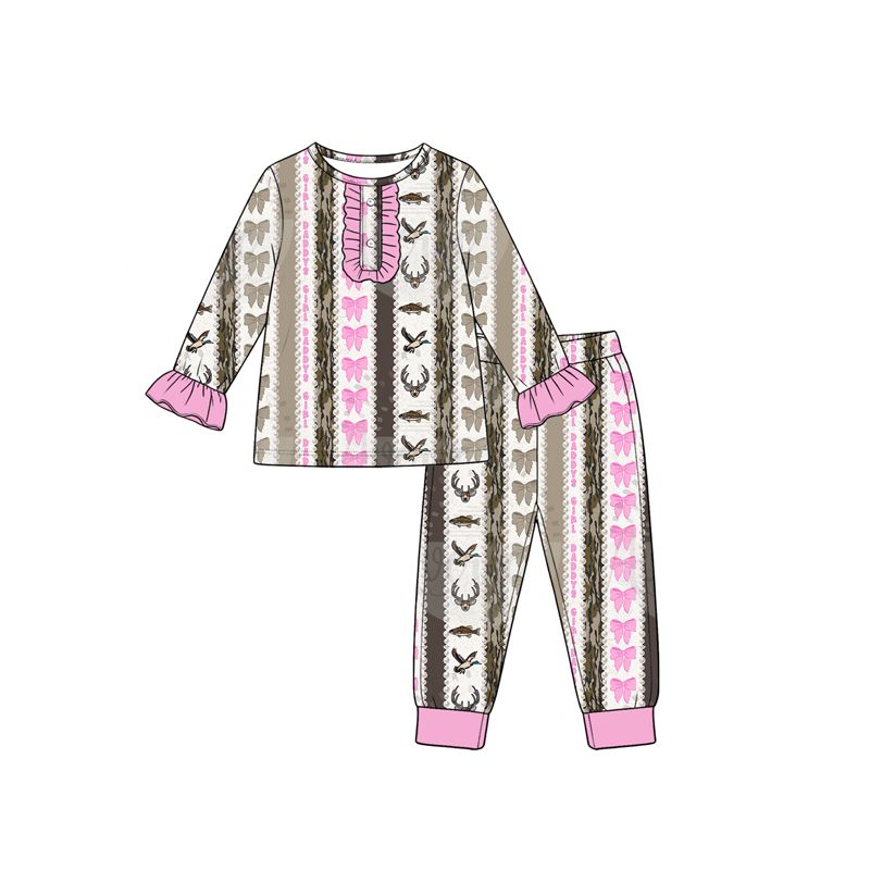 ( Moq 5 ) Preorder Baby Girls Kids Bows Shirt Pants Hunting Set Pajamas Clothes