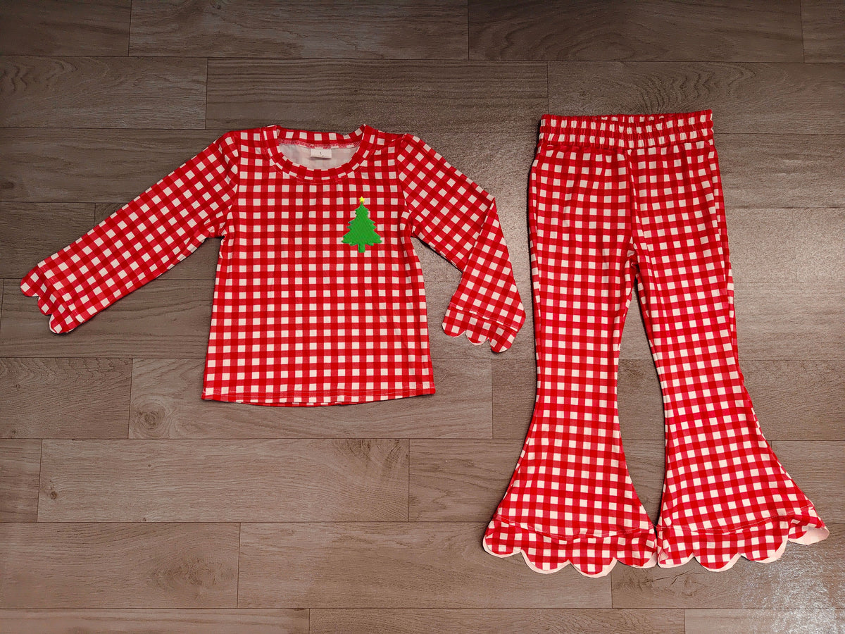 ( No moq ) Preorder Baby Girls Kids Embroidery Christmas Tree Scallop Tops Red Plaid Pants Set