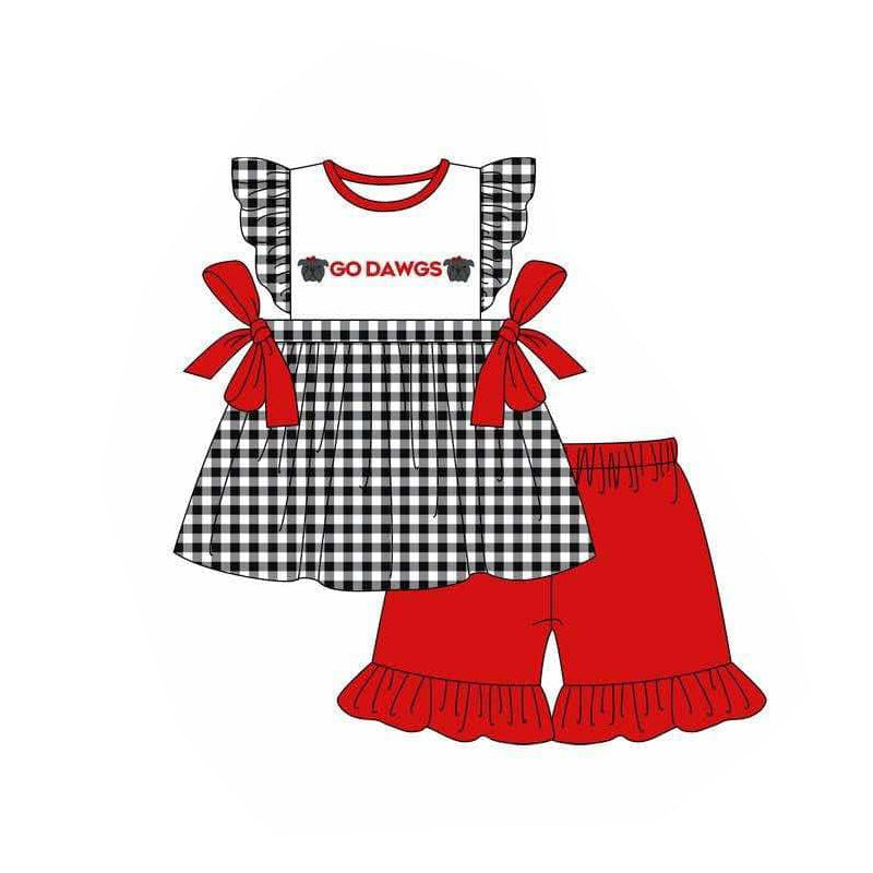 Baby Girl Short Sleeves Team Bows Dogs Tunic Ruffle Short Clothes Set ( Moq 5 )