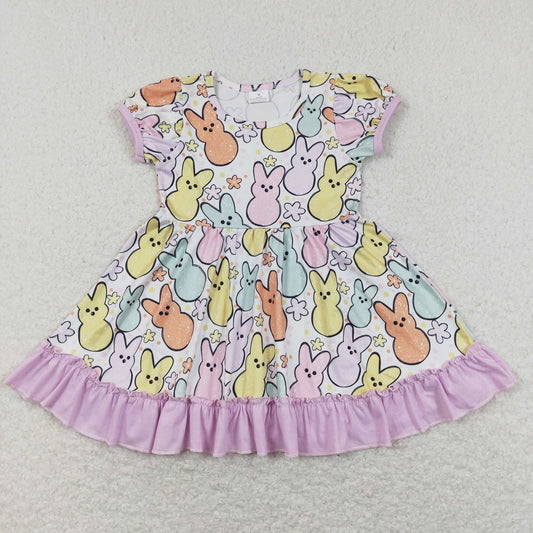 GSD0705 Easter Baby Girl Short Sleeves Rabbit Floral Ruffle Dress