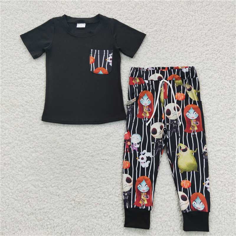 BSPO0105 Halloween Baby Boy Short Sleeves Pocket Black Shirt Ghost Pants Outfit