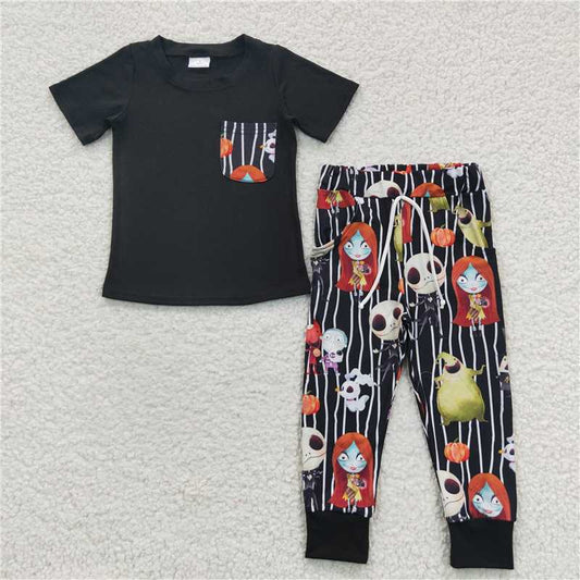 BSPO0105 Halloween Baby Boy Short Sleeves Pocket Black Shirt Ghost Pants Outfit