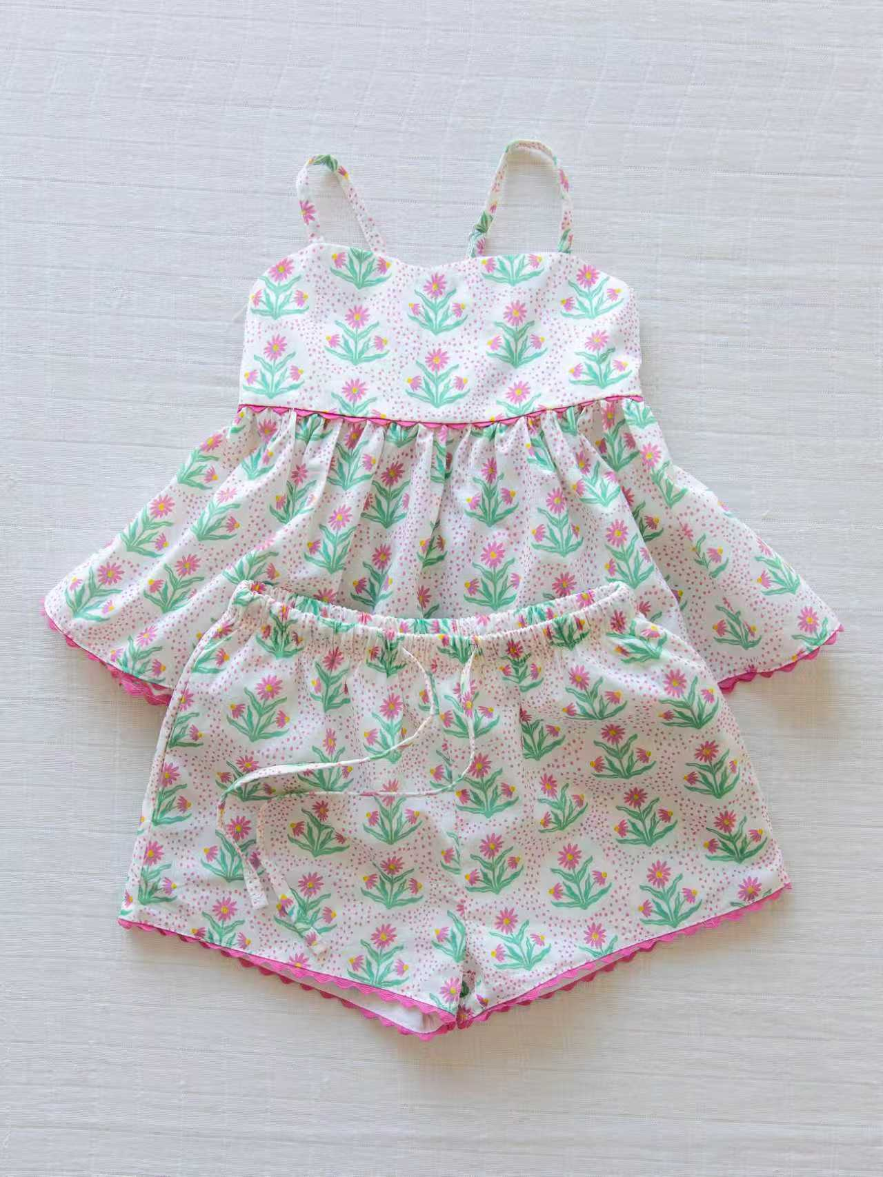 ( Moq 5 ) Preorder Baby Girls Kids Straps Flower Tunic Shorts Summer Clothes Set