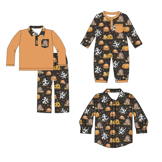 ( Moq 5 Each Style ) Baby Boy Toddler Halloween Pumpkins Sibling Romper Shirt Set