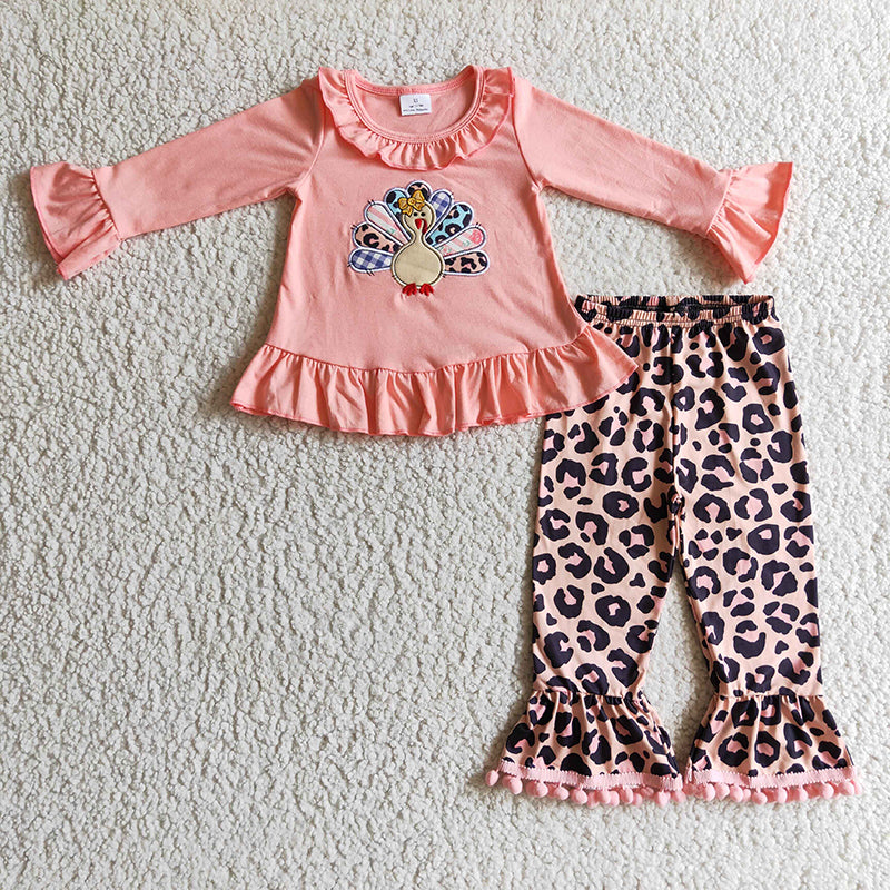 Sibling Girls Toddler Fall Embroidery turkey Tunic Pants Thanksgiving Set Clothes RTS