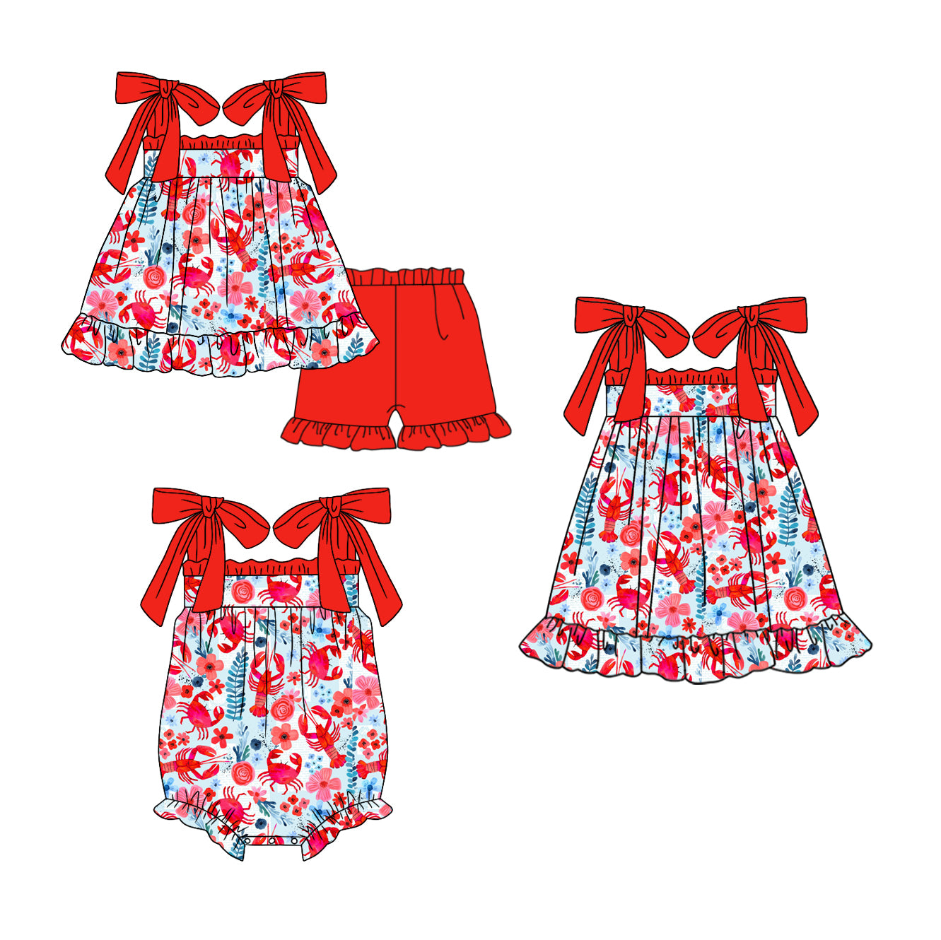 Baby Girl Crabs Crawfish Flower Sibling Romper Dress Clothes Set ( Moq 5 Each Design ) 11.27