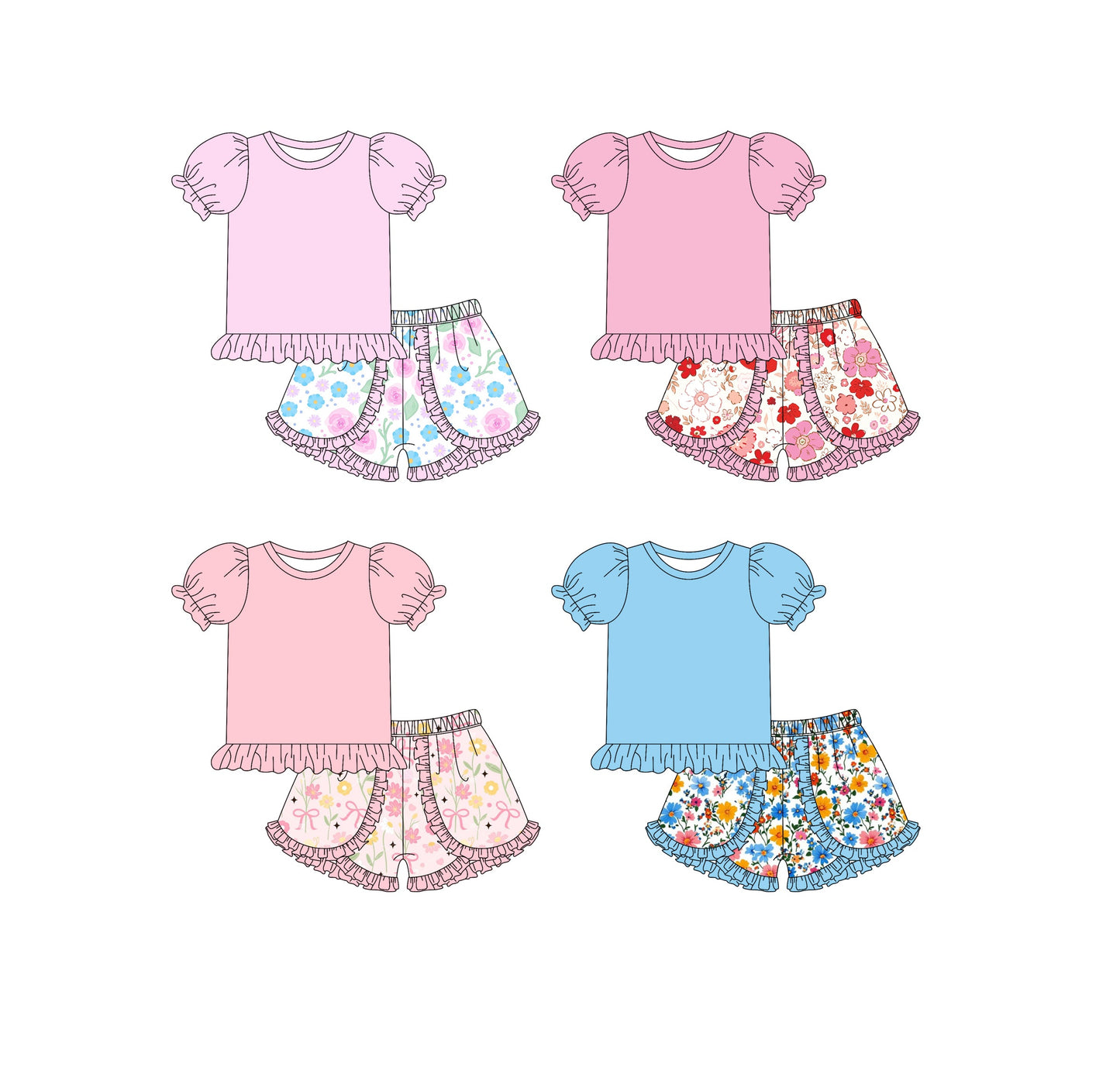 ( Moq 5 Each Style ) Baby Girl Short Sleeves Cotton Tops Flower Shorts Sibling Set 3.25