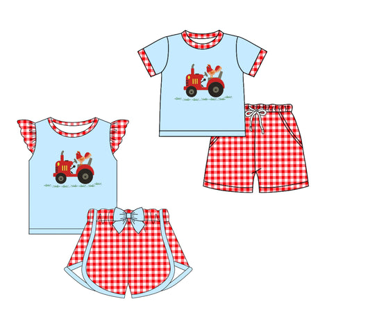Baby Girl Short Sleeves Tractor Chicken Farm Shorts Sibling Matching Set ( Moq 5 Each Design )