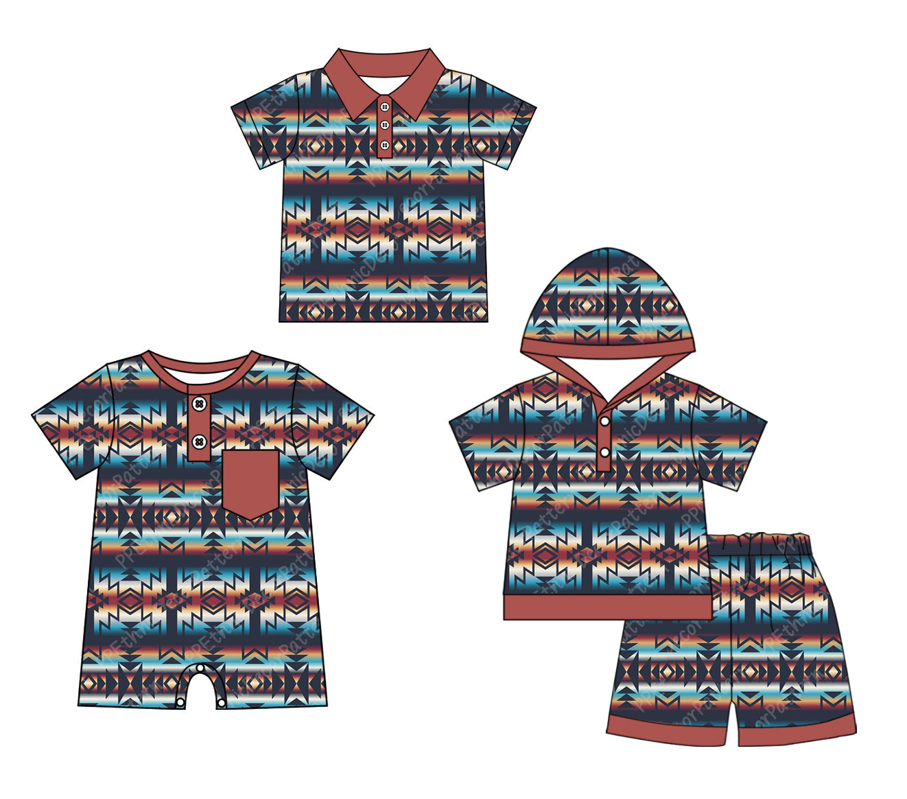 Baby Boy Short Sleeves Western Aztec Sibling Romper Shirt Set ( Moq 5 Each Style ) 3.11