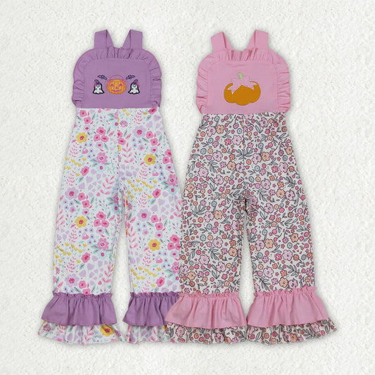 Girls Kids Embroidery Ghosts Pumpkins Floral Sibling Fall Jumpsuit Clothes RTS