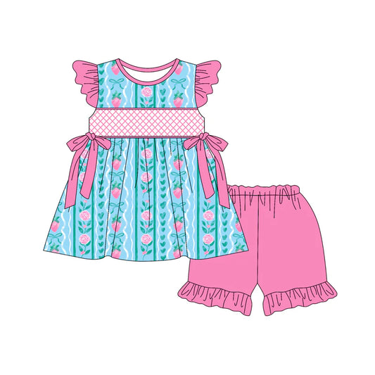 Baby Girl Flutter Sleeves Bows Flowers Stripe Tunic Ruffle Shorts Set ( Moq 5 )