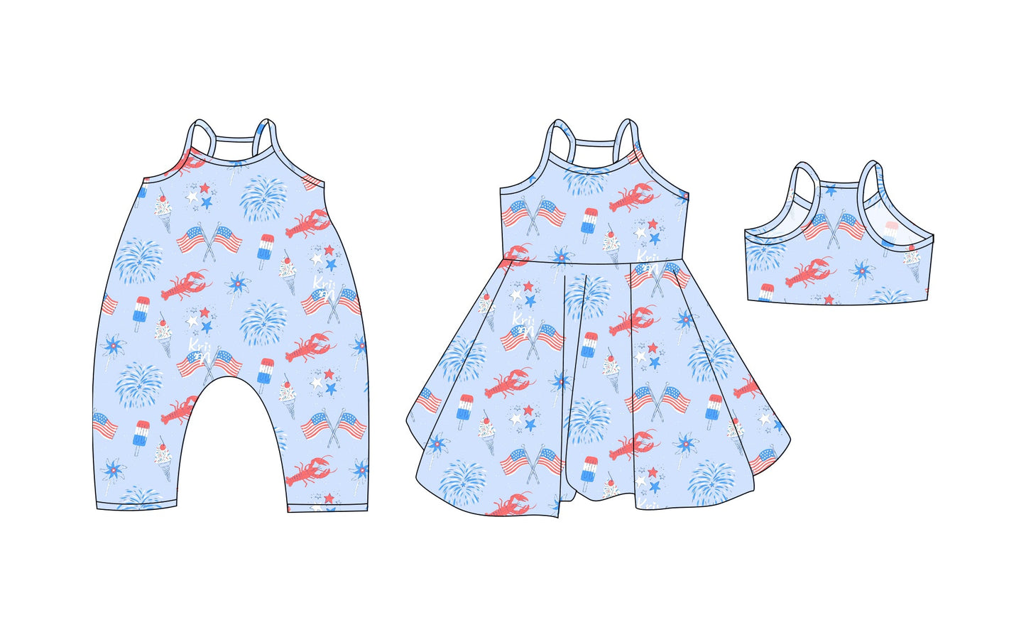 Baby Girl Straps July 4th Flags Crawfish Sibling Summer Romper Dress ( Moq 5 Each Style ) 3.19