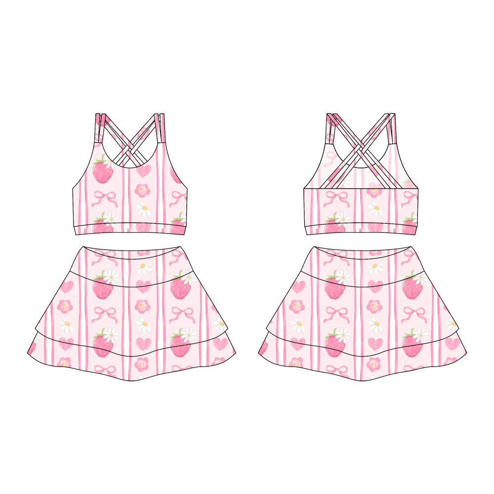 ( moq 10 ) Baby Girl Straps Pink Bows Strawberry Activity Wear Vests Tops Shorts Skirts Yoga Set