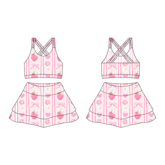 ( moq 10 ) Baby Girl Straps Pink Bows Strawberry Activity Wear Vests Tops Shorts Skirts Yoga Set