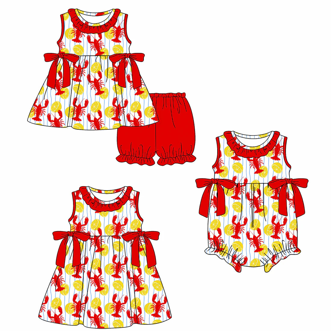( Moq 5 Each Style ) Baby Girls Kids Crawfish Bows Stripes Sibling Summer Romper Dress Set