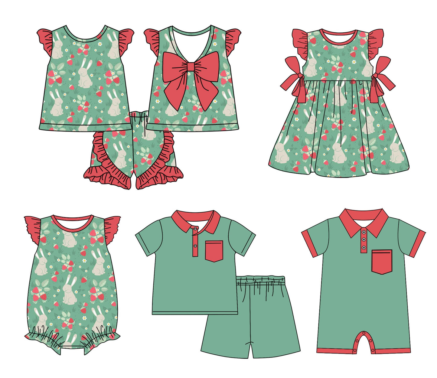 Baby Boy Girl Easter Strawberry Rabbits Sibling Romper Dress Set ( Moq 5 Each Style ) 1.23